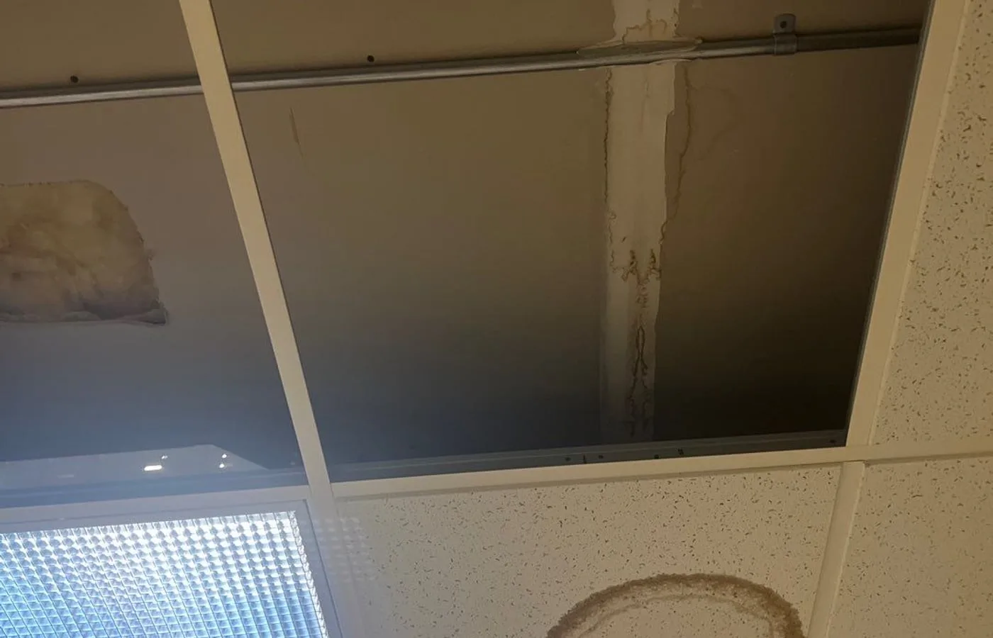 Water-stained ceiling tiles from a commercial roof leak before repair