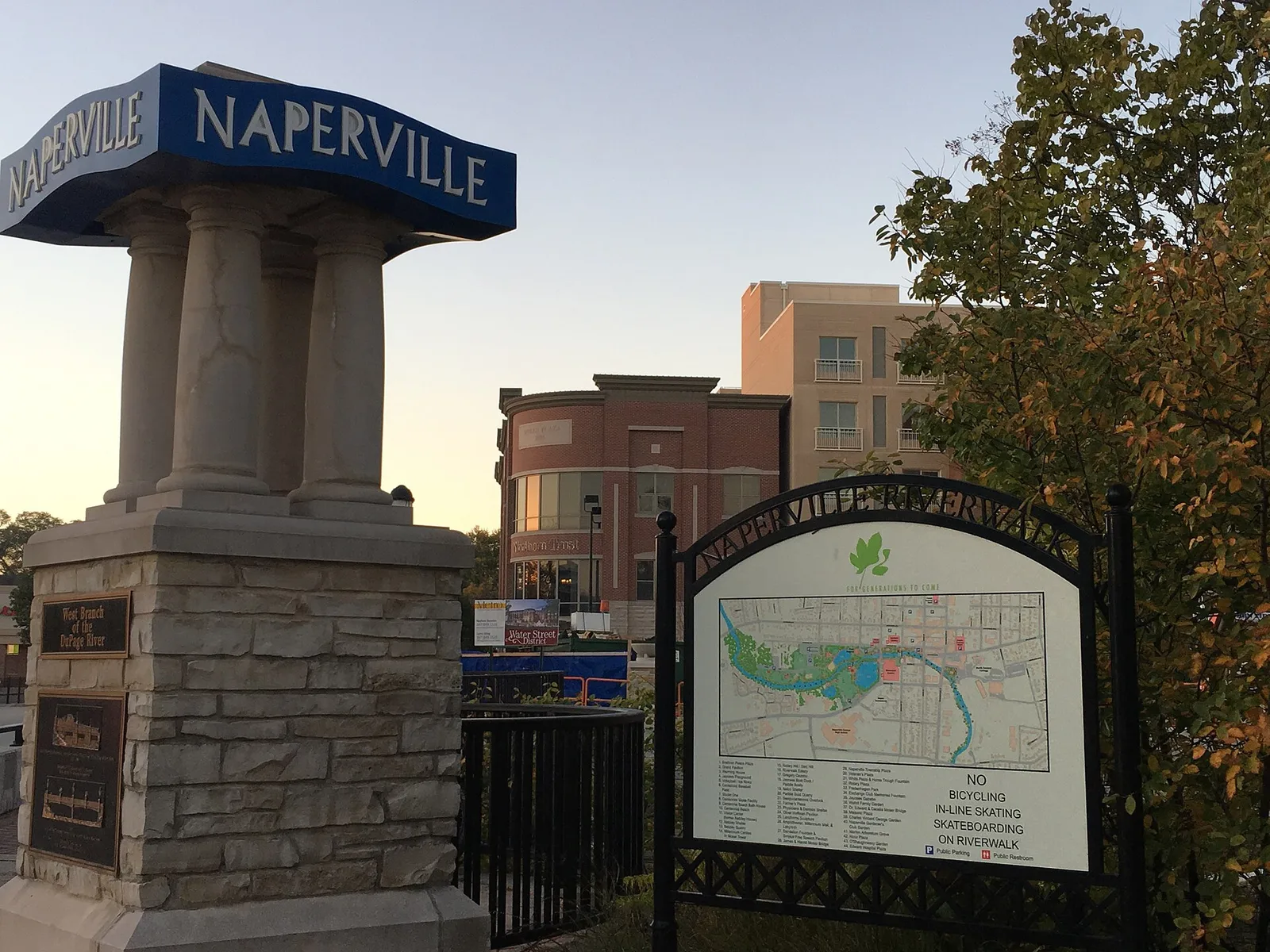 The Naperville Riverwalk entrance in downtown Naperville IL